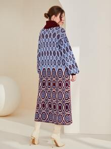 Mulvari Geo Pattern Turtleneck Drop Shoulder Jumper Dress Without Belt - Multicolor - View 3