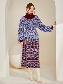 Mulvari Geo Pattern Turtleneck Drop Shoulder Jumper Dress Without Belt - Multicolor - View 4