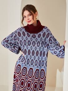 Mulvari Geo Pattern Turtleneck Drop Shoulder Jumper Dress Without Belt - Multicolor - View 5