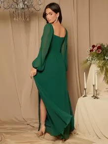 SHEIN Belle 雞心領口燈籠袖高衩伴娘連衣裙