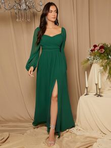 SHEIN Belle 雞心領口燈籠袖高衩伴娘連衣裙