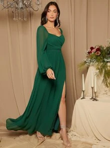 SHEIN Belle 雞心領口燈籠袖高衩伴娘連衣裙