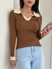DAZY Colourblock Ribbed Knit Jumper - Brown - View 4