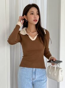 DAZY Colourblock Ribbed Knit Jumper - Brown - View 5