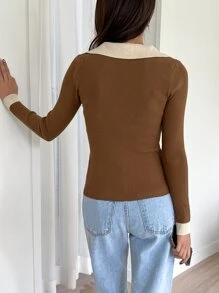 DAZY Colourblock Ribbed Knit Jumper - Brown - View 6