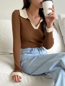 DAZY Colourblock Ribbed Knit Jumper - Brown - View 8