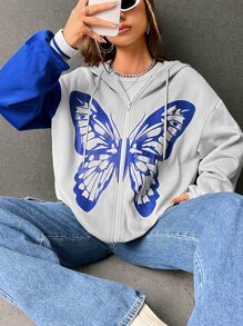 SHEIN EZwear Quần áo thể thao nữ Dây kéo Khối Màu Loại bướm Giải trí - Màu Xám nhạt - Xem 4