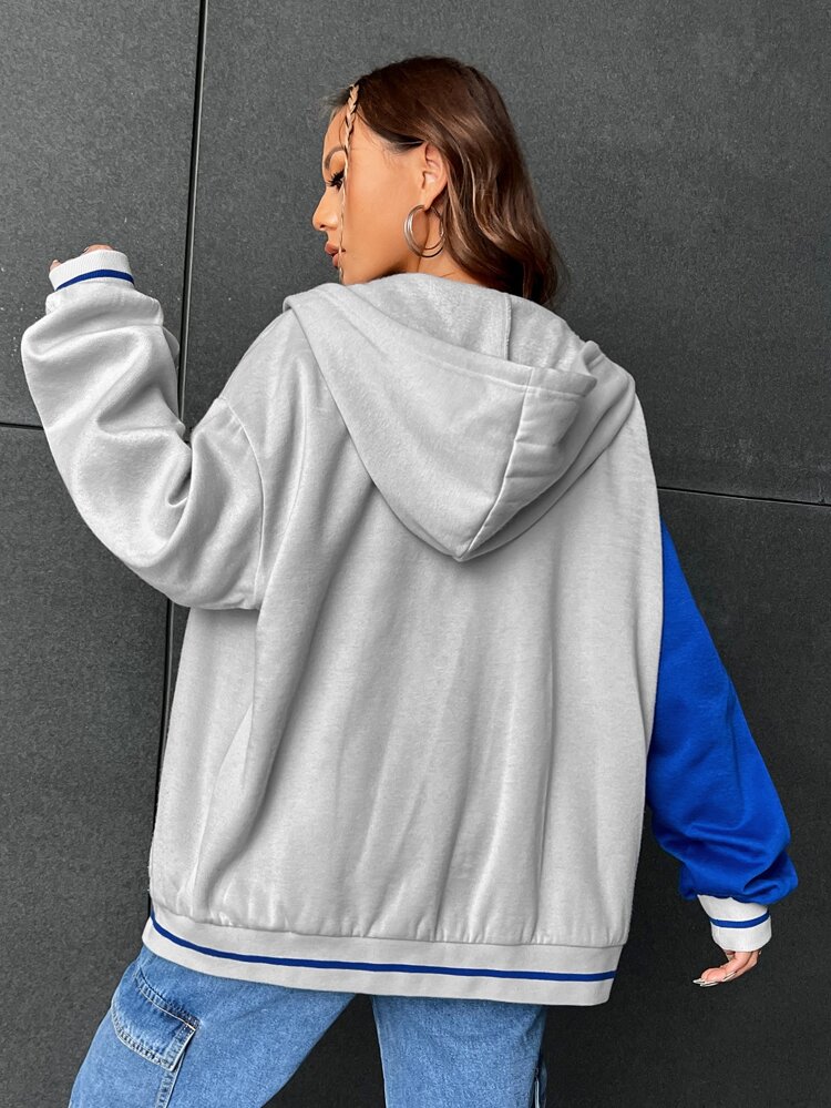 Butterfly Print Drop Shoulder Two Tone Drawstring Hoodie