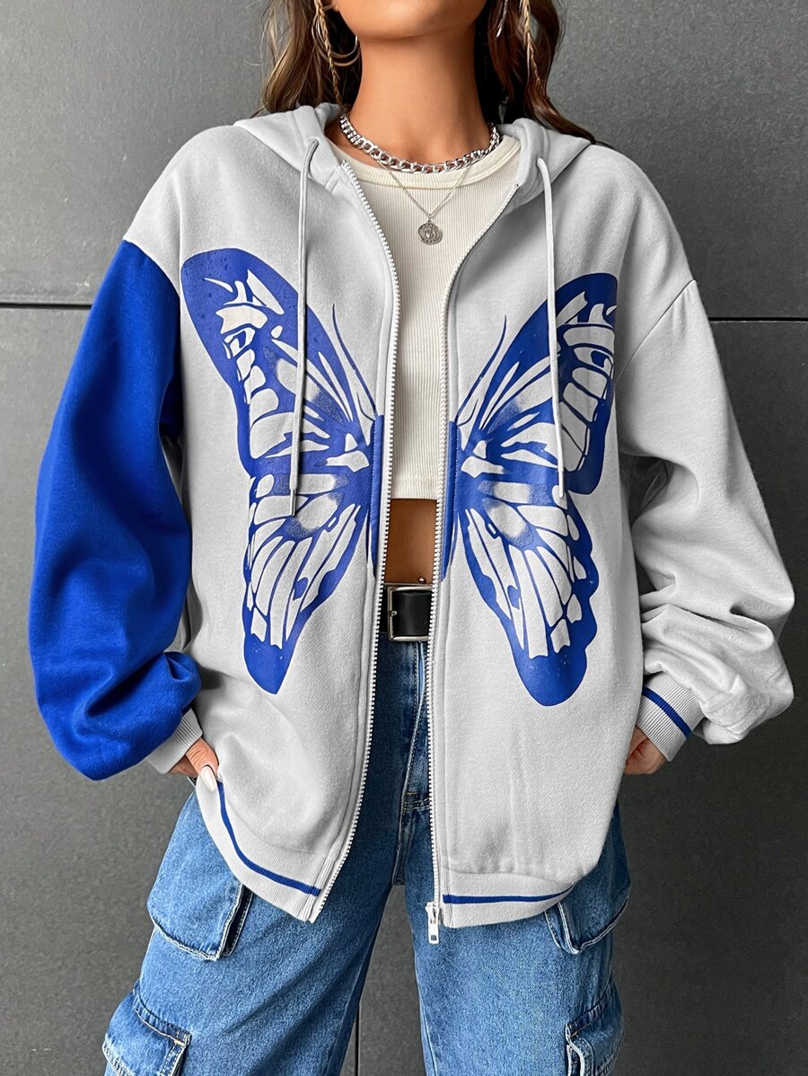 SHEIN EZwear Quần áo thể thao nữ Dây kéo Khối Màu Loại bướm Giải trí - Màu Xám nhạt - Xem 1