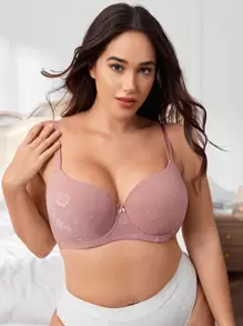 Plus Floral Jacquard Bow Front Push Up Bra - Dusty Pink - View 1
