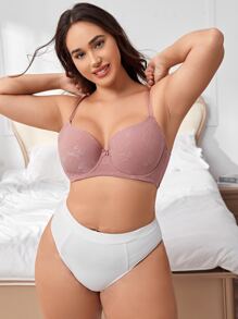 Plus Floral Jacquard Bow Front Push Up Bra - Dusty Pink - View 3