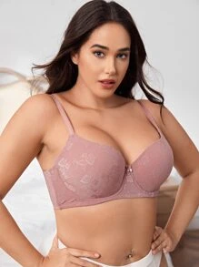 Plus Floral Jacquard Bow Front Push Up Bra - Dusty Pink - View 4