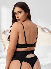 Plus 5pack Eyelash Lace Cut Out Garter Underwire Lingerie Set - Black - View 2