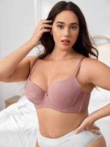 Plus Floral Jacquard Bow Front Push Up Bra - Dusty Pink - View 5