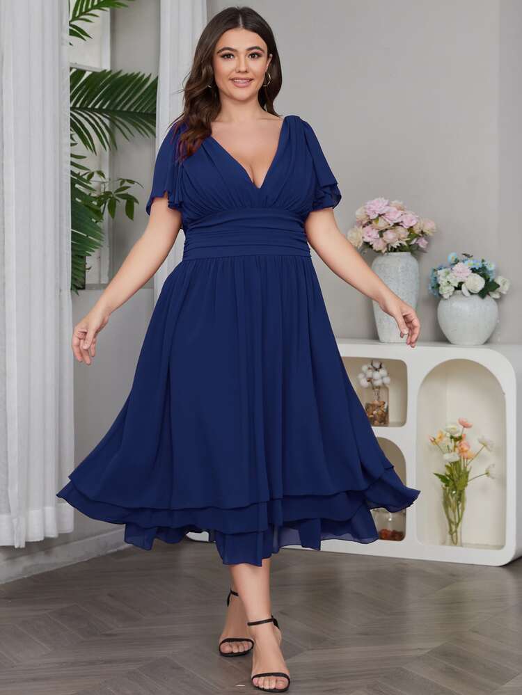 Plus Butterfly Sleeve Ruched Layered Hem Chiffon Dress - Navy Blue - View 1