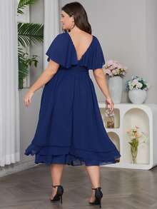 Vestido de manga mariposa fruncido bajo a capas de gasa - Azul Marino - Ver 2