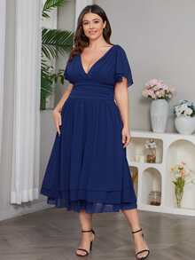 Vestido de manga mariposa fruncido bajo a capas de gasa - Azul Marino - Ver 5