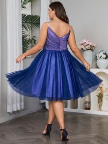 Plus Surplice Neck Mesh Cami Dress, Semi Formal Dress - Navy Blue - View 2