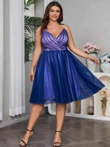 Plus Surplice Neck Mesh Cami Dress, Semi Formal Dress - Navy Blue - View 4