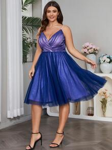 Plus Surplice Neck Mesh Cami Dress, Semi Formal Dress - Navy Blue - View 5