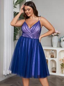 Plus Surplice Neck Mesh Cami Dress, Semi Formal Dress - Navy Blue - View 6