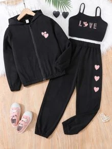 SHEIN 女孩愛心和字母圖案吊帶上衣和運動褲和拉鏈連帽衫 - 黑色 - 查看 1