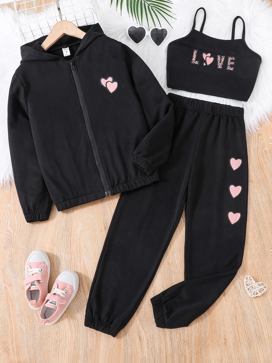 SHEIN 女孩愛心和字母圖案吊帶上衣和運動褲和拉鏈連帽衫 - 黑色 - 查看 1
