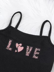 SHEIN 女孩愛心和字母圖案吊帶上衣和運動褲和拉鏈連帽衫 - 黑色 - 查看 3