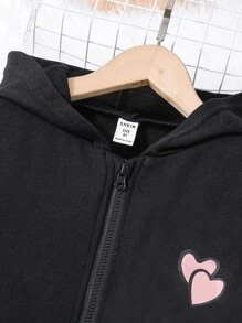 SHEIN 女孩愛心和字母圖案吊帶上衣和運動褲和拉鏈連帽衫 - 黑色 - 查看 4