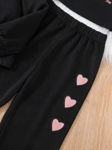 SHEIN 女孩愛心和字母圖案吊帶上衣和運動褲和拉鏈連帽衫 - 黑色 - 查看 5