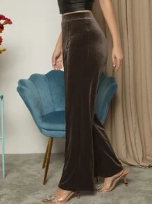 SHEIN Privé Solid Velvet Trousers - Chocolate Brown - View 5