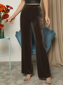SHEIN Privé Solid Velvet Trousers - Chocolate Brown - View 1