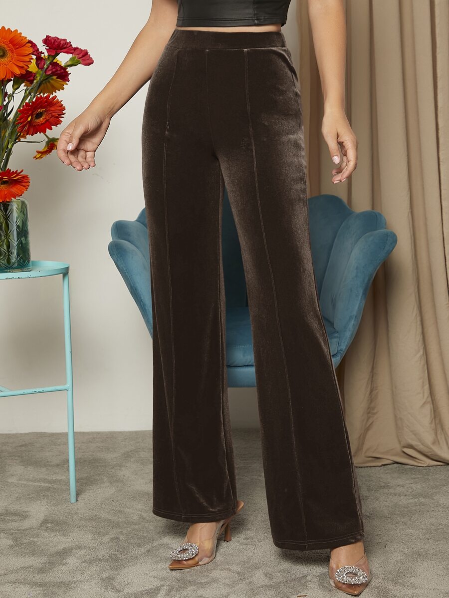 SHEIN Privé Solid Velvet Trousers - Chocolate Brown - View 1
