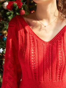 Knit Mix Solid Flounce Sleeve Sweater Dress - Red - View 4