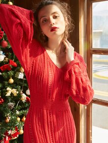 Knit Mix Solid Flounce Sleeve Sweater Dress - Red - View 7