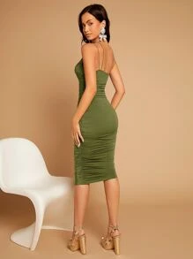 SHEIN Belle Asymmetrical Neck Draped Front Ruched Bodycon Dress - Army Green - View 2