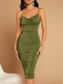 SHEIN Belle Asymmetrical Neck Draped Front Ruched Bodycon Dress - Army Green - View 6