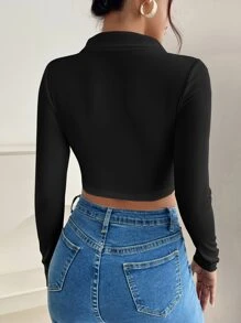 SHEIN PETITE Solid Rib-Knit Crop Spring Women Tee - Black - View 2