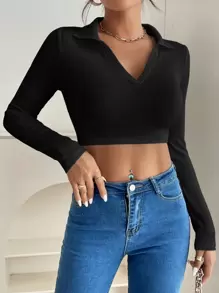 SHEIN PETITE Solid Rib-Knit Crop Spring Women Tee - Black - View 3