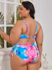Plus Size Tie Dye Print Drawstring Bikini Set Summer Beach - Multicolor - View 2