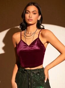 SHEIN BAE Butterfly Embroidery Mesh Back Velvet Cami Top - Maroon - View 5