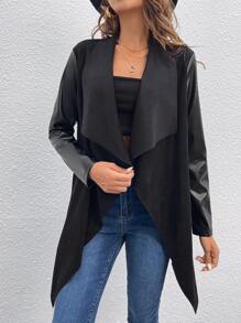 SHEIN Clasi Waterfall Collar Open Front PU Leather Coat - Black - View 3