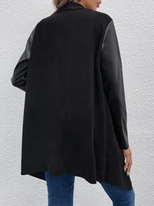 SHEIN Clasi Waterfall Collar Open Front PU Leather Coat - Black - View 2