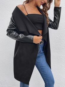 SHEIN Clasi Waterfall Collar Open Front PU Leather Coat - Black - View 4