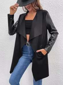 SHEIN Clasi Waterfall Collar Open Front PU Leather Coat - Black - View 1