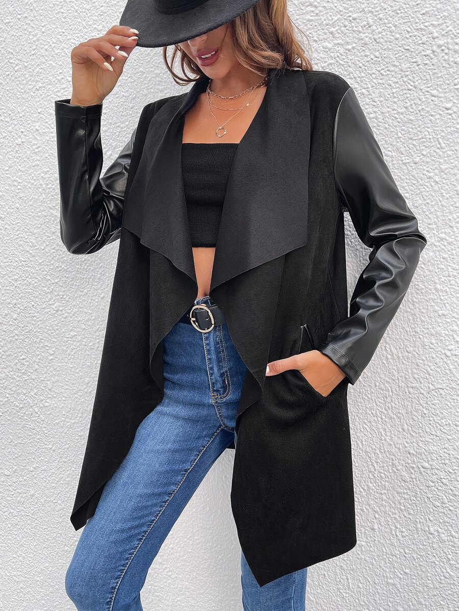 SHEIN Clasi Waterfall Collar Open Front PU Leather Coat - Black - View 1