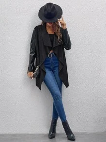 SHEIN Clasi Waterfall Collar Open Front PU Leather Coat - Black - View 5