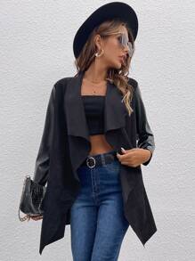 SHEIN Clasi Waterfall Collar Open Front PU Leather Coat - Black - View 6