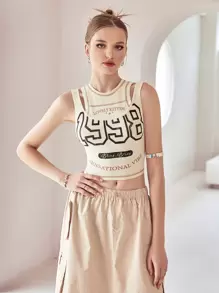 SHEIN MOD 字母圖案短款背心 - 米色 - 查看 1