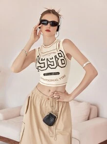SHEIN MOD 字母圖案短款背心 - 米色 - 查看 4